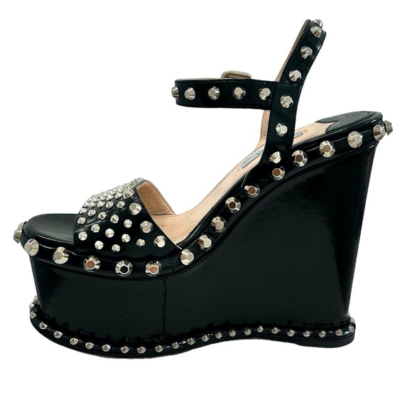 PRADA BLACK SPAZZOLATO STUDDED PLATFORM SANDAL - Picture 2 of 16